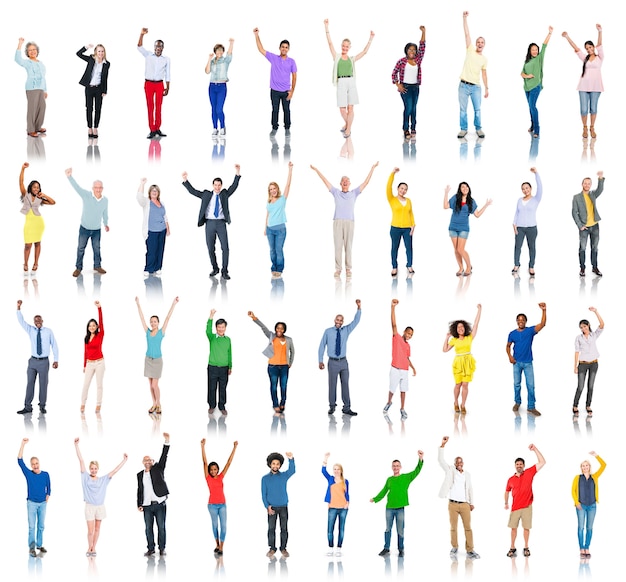 Photo group of diverse people hands raised celebrating