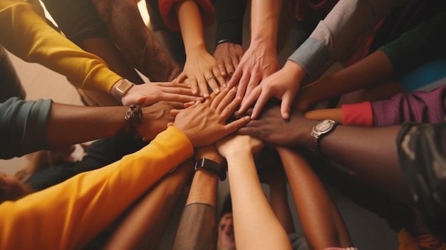 A group of diverse people holding hands in unity symbolizing teamwork collaboration and inclusivity