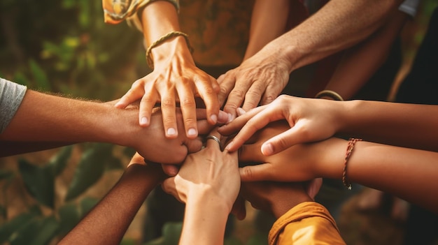 다양한 사람 들 이 손 을 잡고 함께 하는 그룹 우정 과 단결 의 개념