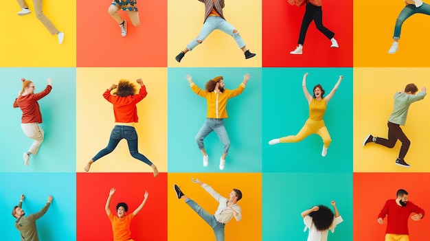 Photo a group of diverse people jumping in midair against a colorful background