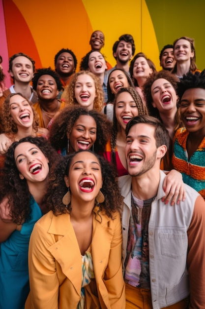 A group of diverse people laughing together in front of a colorful background