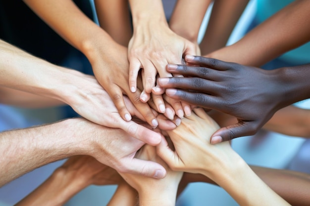 Foto gruppo di persone diverse che mettono le mani l'una sopra l'altra