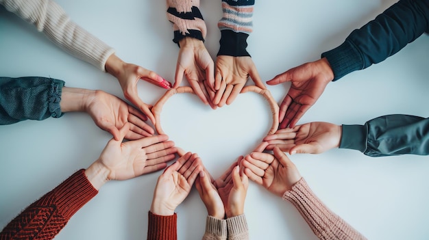 A group of diverse people reaching in to form a heart shape with their hands