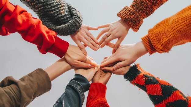 A group of diverse people reaching in to join their hands together over a white background