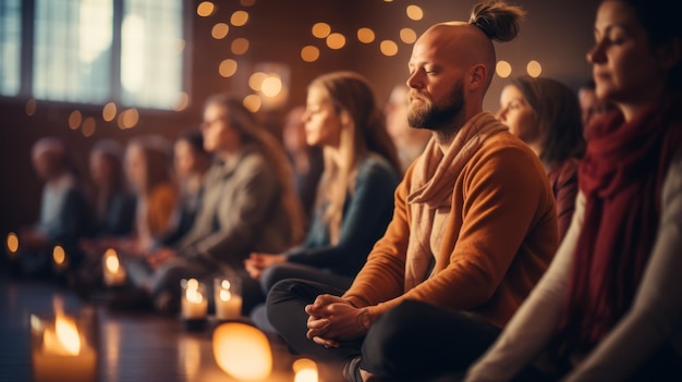 Foto un gruppo di persone diverse sedute in cerchio con gli occhi chiusi e le mani abbracciate in meditazione