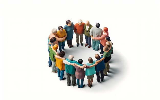 Группа разных людей, стоящих в кругу и поддерживающих друг друга руками вместе, генерирует ай
