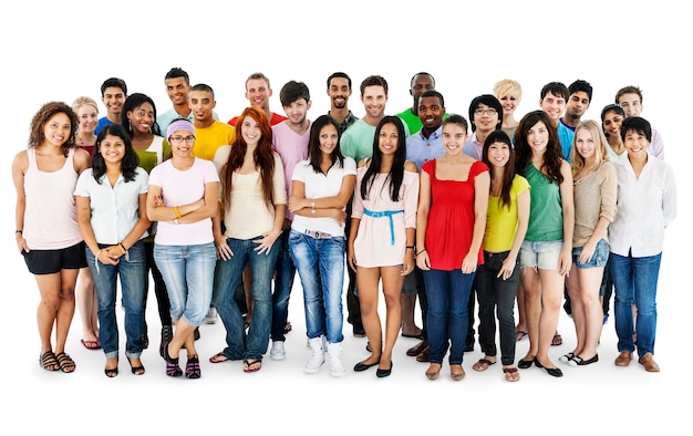 Group of diverse people standing together isolated on white