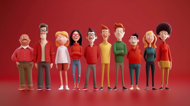 A group of diverse people standing together on a red background