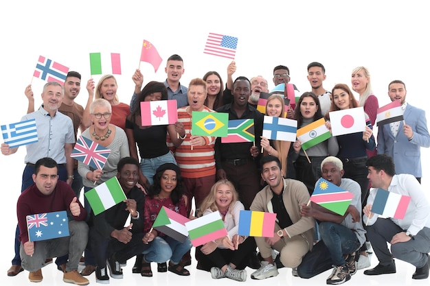 Group of diverse people standing with flags different countries