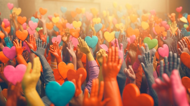 Foto gruppo di persone diverse con le braccia e le mani alzate verso cuori dipinti a mano donazione di beneficenza volontariato supporto assistenza comunità multiculturale persone diversità ia generativa