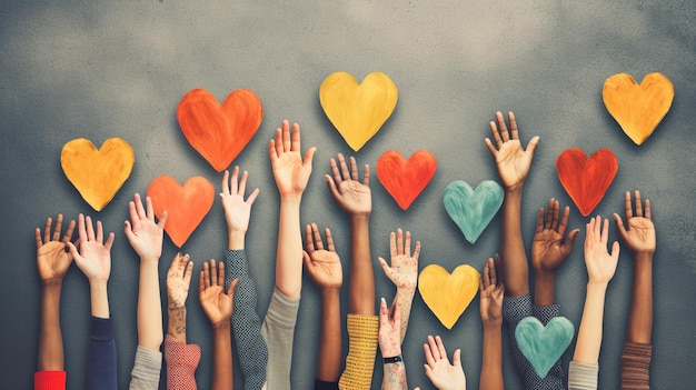 Group of diverse people with arms and hands raised towards hand painted hearts Charity donation volunteer work support assistance multicultural community people diversity Generative AI