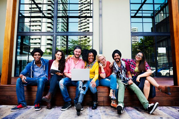 Group of diverse people with laptop 