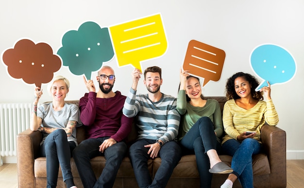 Photo group of diverse people with speech bubble icon