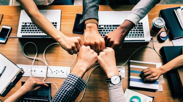 Photo a group of diverse professionals in businesscasual clothing are shown from the elbows down