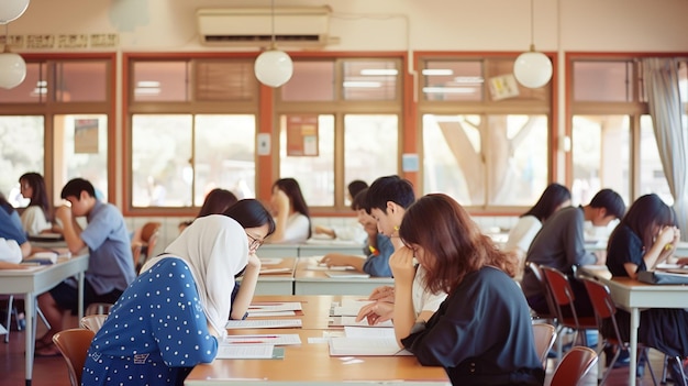 Photo group of diverse students is taking exams on classroom