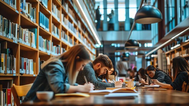 現代的な図書館で勉強している多様な学生のグループ彼らは書棚に囲まれた長い木製のテーブルに座っています