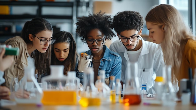 A group of diverse students work together in a science lab focused on a test tube
