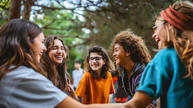 Photo group of diverse teenage friends laughing and talking in a park on a sunny day