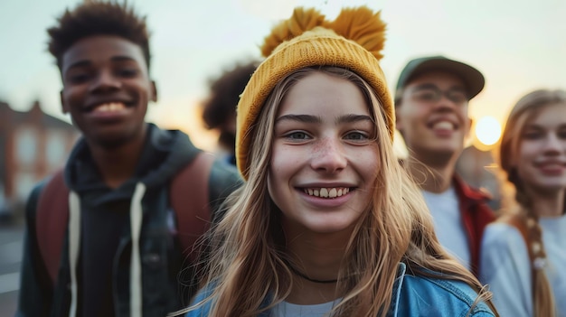 Foto un gruppo di adolescenti diversi stanno uscendo insieme in un ambiente urbano