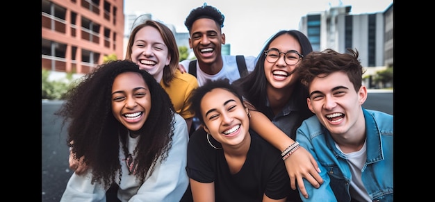 A group of diverse teenagers are posing for a photo They are all smiling and laughing