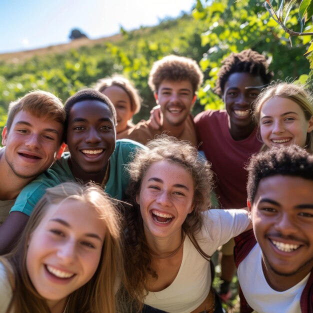 A group of diverse teenagers are posing for a selfie in a sunny outdoor setting