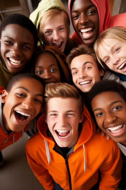 A group of diverse teenagers are smiling and laughing together