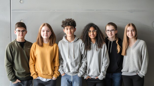 Foto un gruppo di adolescenti diversi in piedi davanti a un muro grigio sono tutti sorridenti e indossano abiti casuali