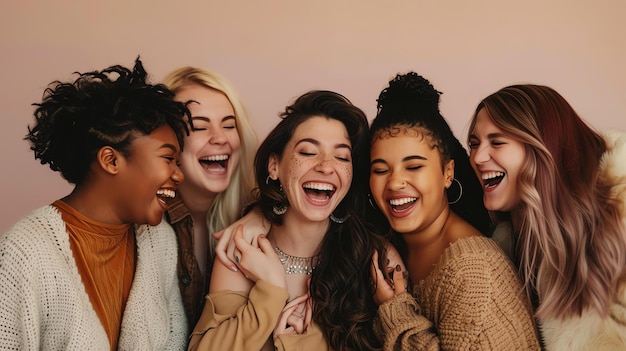 A group of diverse women are laughing and hugging together They are all wearing casual clothes and have their hair in different styles