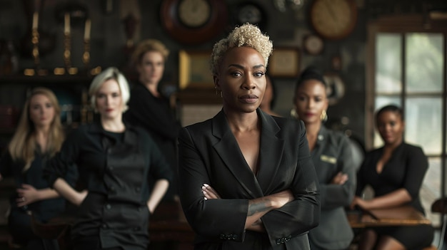 A group of diverse women in business suits standing together in a confident and powerful pose