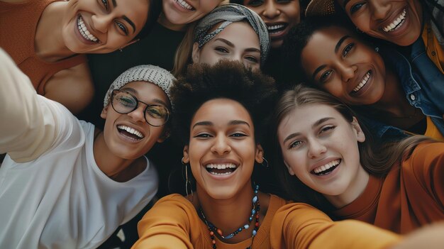 A group of diverse women of different ethnicities are smiling and laughing together