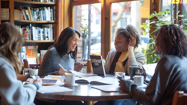 Photo a group of diverse women sit around a table in a coffee shop laughing and talking over coffee and books