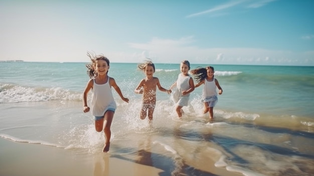 여름 방학 동안 열대 해변에서 바다에서 함께 즐기고 달리는 다양한 어린 아이들 그룹 Generative AI
