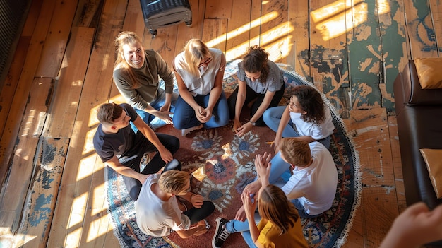 A group of diverse young friends are sitting in a circle on the floor of a room talking and laughing