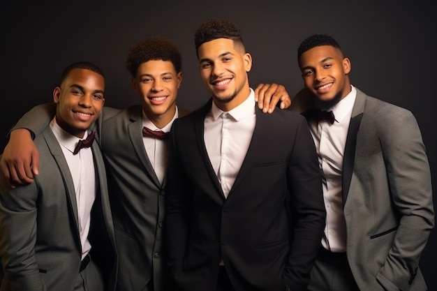 Group of diverse young men with glowing skin standing together in a studio