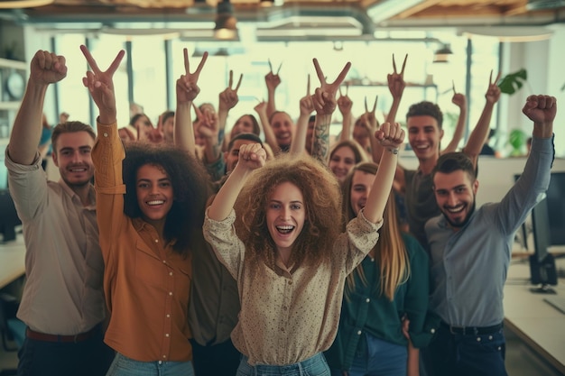 Foto gruppo di giovani professionisti diversi che celebrano il loro successo in un ufficio moderno