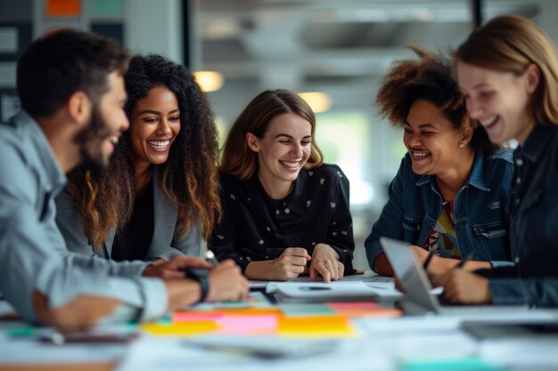 A group of diverse young professionals having a joyful conversation in a modern office