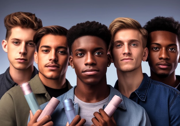 Group of diverse youthful men using a beauty product