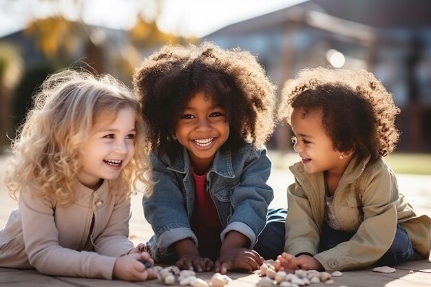 A group of diversity children are sitting on the grass and smiling