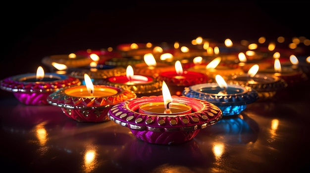A group of diwali candles are lit in the dark