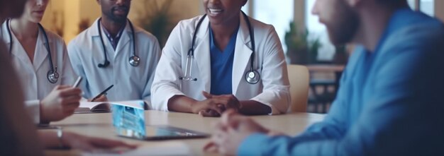 Photo group of doctors discussing something while sitting at the table in the hospitalgenerative ai