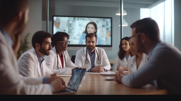 Photo group of doctors discussing something while sitting at the table in the hospitalgenerative ai