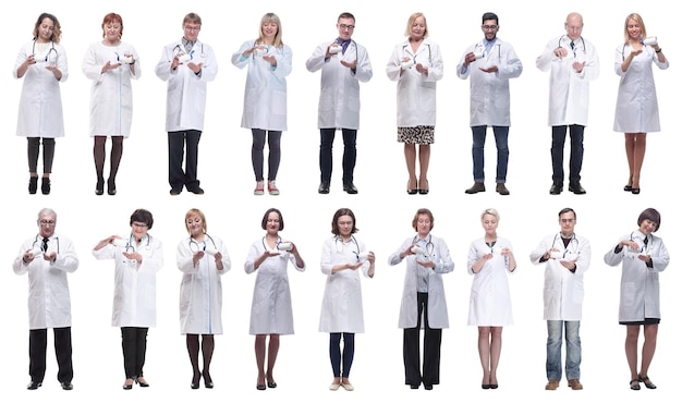 Group of doctors holding jar isolated on white