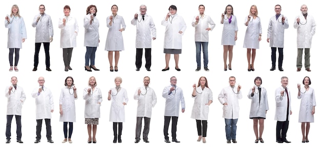 Group of doctors holding stethoscope isolated on white