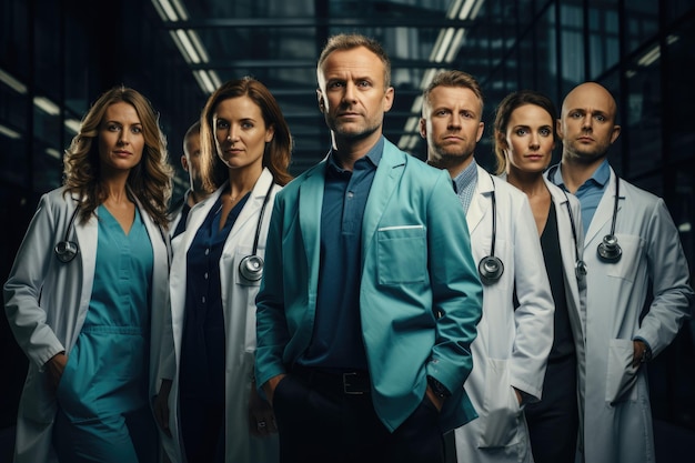 Группа врачей, мужчин и женщин, медсестер в форме в больнице