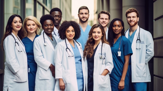 Photo group of doctors men and women nurses in uniform in a hospital