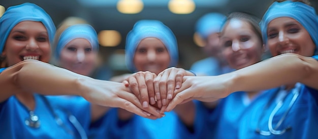 Group of Doctors and nurses coordinate hands