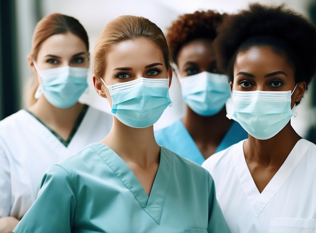 Group of doctors and nurses showing face masks in hospital