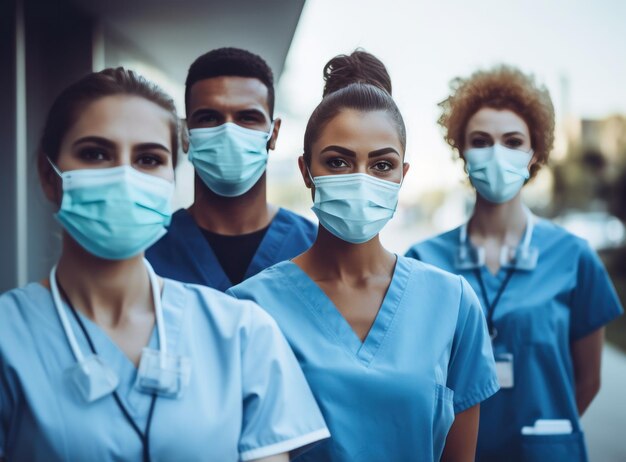 Group of doctors and nurses showing face masks in hospital