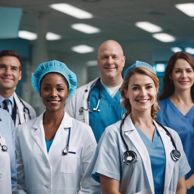 A group of doctors and nurses standing in the hospital room the concept of health