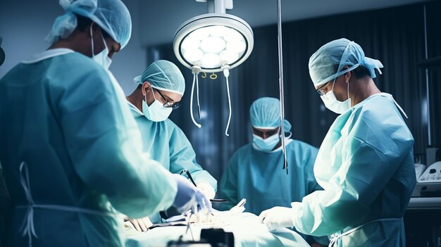 医師 の グループ が 手術 室 で 患者 に 複雑 な 手術 を 行なっ て いる